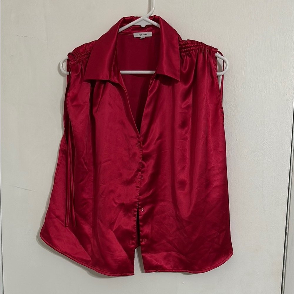 St. John Red Button Down Blouse with Notched Collar